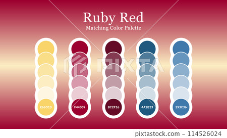 Set of Ruby Red color palette combination in rgb hex. Matching color palette guide swatch catalog collection with RGB HEX color combinations. Suitable for Branding, fashion, home, or interior design. 114526024
