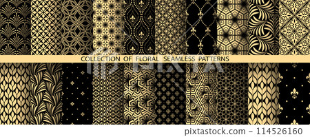 Geometric floral set of seamless patterns. Golden and black vector backgrounds. Damask graphic ornaments 114526160