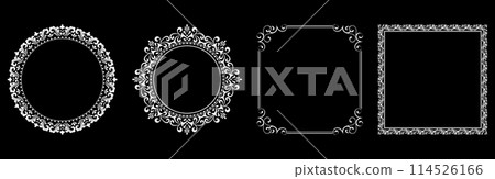 Set of decorative frames Elegant vector element for design in Eastern style, place for text. Floral black and white borders. Lace illustration for invitations and greeting cards. Set of decorative frames Elegant vector element for design in Eastern style, place for text. Floral black and white borders. Lace illustration for invitations and greeting cards. 114526166
