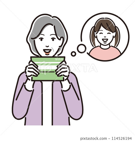 A senior woman looking at her bankbook and thinking about her grandchildren 114526194