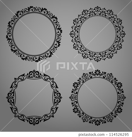 Set of decorative frames Elegant vector element for design in Eastern style, place for text. Floral black and gray borders. Lace illustration for invitations and greeting cards Set of decorative frames Elegant vector element for design in Eastern style, place for text. Floral black and gray borders. Lace illustration for invitations and greeting cards 114526295