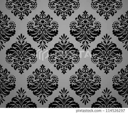 Floral pattern. Vintage wallpaper in the Baroque style. Seamless vector background. Gray and black ornament for fabric, wallpaper, packaging. Ornate Damask flower ornament 114526297