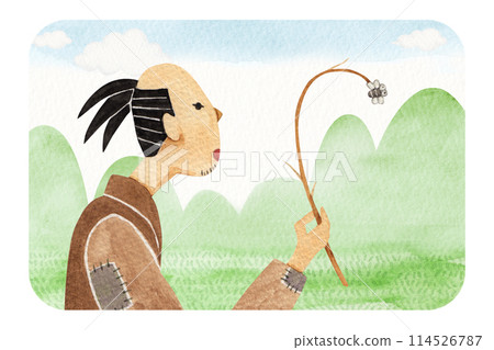 Japanese folk tale The Straw Millionaire watercolor illustration 114526787