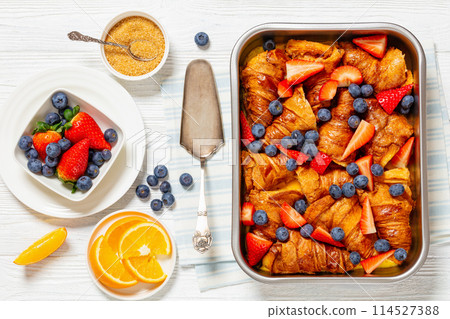 berry croissant casserole in baking dish, top view berry croissant casserole in baking dish, top view 114527388
