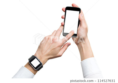 Mockup of male hands with cellphone and smart watch with blank screens isolated. 114527631