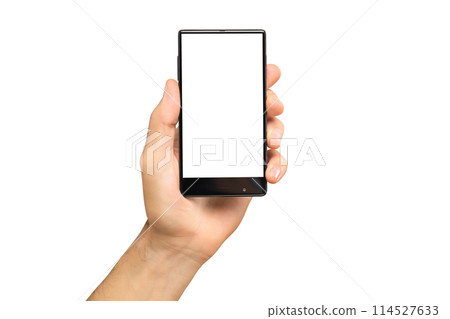 Mockup of male hand holding black frameless cell phone with blank screen isolated at white background. 114527633