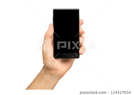 Mockup of male hand holding black frameless cell phone with black screen isolated at white background. 114527634
