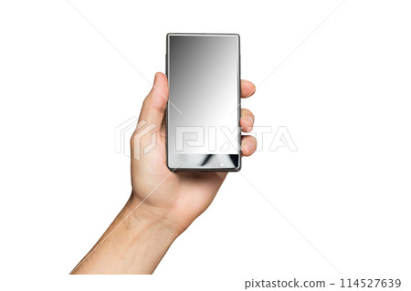Mockup of male hand holding black frameless cell phone with black screen isolated at white background. 114527639