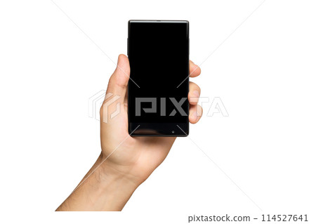 Mockup of male hand holding black frameless cell phone with black screen isolated at white background. Mockup of male hand holding black frameless cell phone with black screen isolated at white background. 114527641