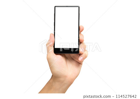 Mockup of male hand holding frameless cell phone with blank screen isolated at white background. Mockup of male hand holding frameless cell phone with blank screen isolated at white background. 114527642