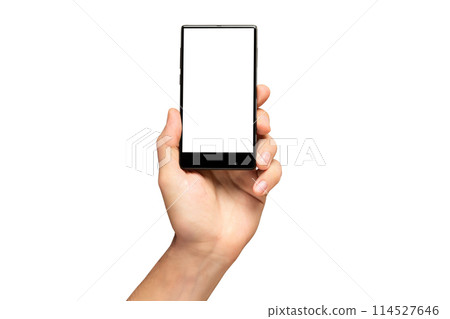 Mockup of male hand holding black frameless cell phone with blank screen isolated at white background. Mockup of male hand holding black frameless cell phone with blank screen isolated at white background. 114527646