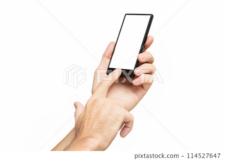Mockup of male hand holding black cellphone and sliding blank screen isolated at white background. Mockup of male hand holding black cellphone and sliding blank screen isolated at white background. 114527647