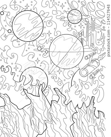 Retro Sci Fi coloring page illustration with space landscape, alien planets and extraterrestrial surfaces, line art cartoon game concept background Retro Sci Fi coloring page illustration with space landscape, alien planets and extraterrestrial surfaces, line art cartoon game concept background 114527648