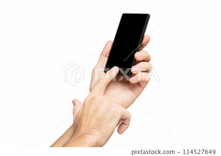 Mockup of male hand holding black cellphone and sliding black empty screen isolated at white background. 114527649
