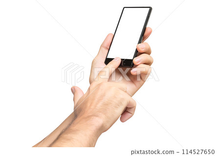 Mockup of male hand holding black cellphone and swiping white blank screen isolated at white background. 114527650