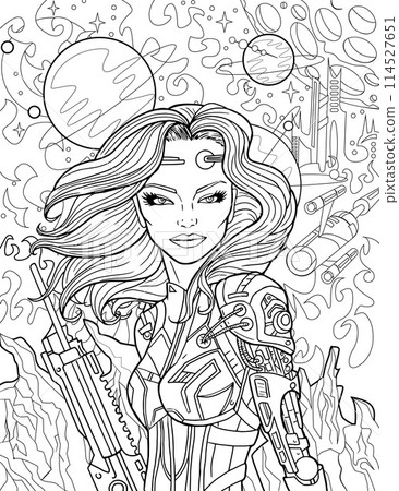 Retro Sci Fi coloring page illustration with beautiful astronaut woman holding blaster gun against space landscape, alien planets and extraterrestrial surfaces, cartoon game concept background 114527651