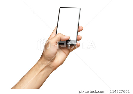 Mockup of male hand holding black frameless cell phone with blank screen isolated at white background. Mockup of male hand holding black frameless cell phone with blank screen isolated at white background. 114527661