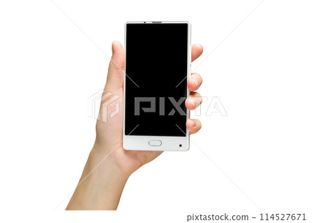 Mockup of female hand holding white frameless cell phone with black screen isolated at white background. Mockup of female hand holding white frameless cell phone with black screen isolated at white background. 114527671