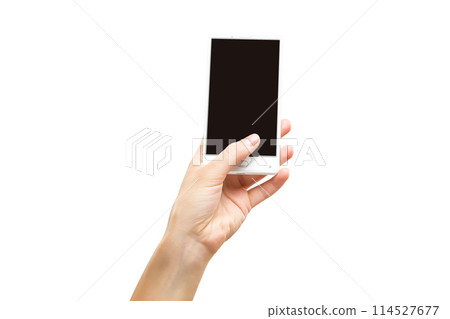 Mockup of female hand holding frameless cell phone with black screen isolated at white background. 114527677
