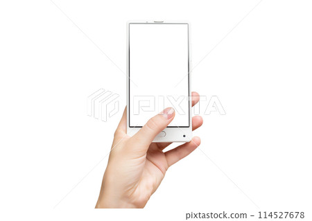 Mockup of female hand holding frameless cell phone with blank screen isolated at white background. 114527678