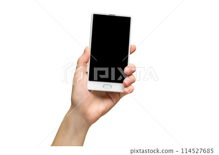 Mockup of female hand holding frameless cell phone with black screen isolated at white background. 114527685