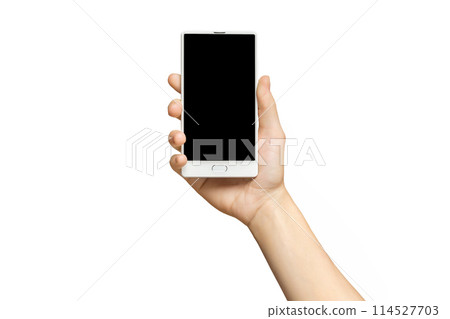 Mockup of female hand holding frameless cell phone with black screen isolated at white background. Mockup of female hand holding frameless cell phone with black screen isolated at white background. 114527703