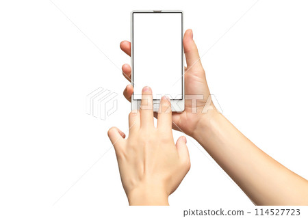 Mockup of female hands holding modern frameless cellphone with white screen and making sliding gesture isolated at white background. 114527723