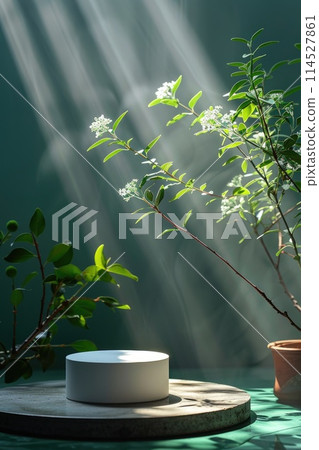 Herbal medicine stand mockup: empty podium on table for supplements, alternative medicine, homeopathy, herbal treatment, natural products, with banner and copy space for advertising and promotion. 114527861