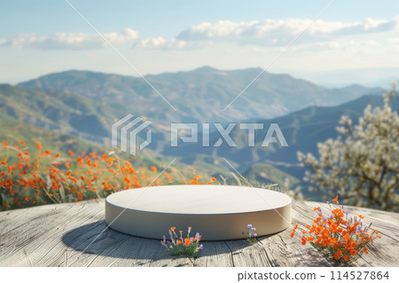 Herbal medicine stand mockup: empty podium on table for supplements, alternative medicine, homeopathy, herbal treatment, natural products, with banner and copy space for advertising and promotion. Herbal medicine stand mockup: empty podium on table for supplements, alternative medicine, homeopathy, herbal treatment, natural products, with banner and copy space for advertising and promotion. 114527864