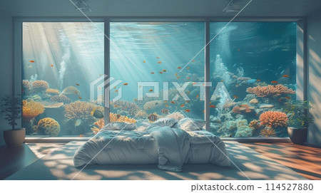 Submerged serenity: mesmerizing underwater house room reveals aquatic wonders through panoramic aquarium windows, a tranquil retreat in the heart of the deep blue Submerged serenity: mesmerizing underwater house room reveals aquatic wonders through panoramic aquarium windows, a tranquil retreat in the heart of the deep blue 114527880
