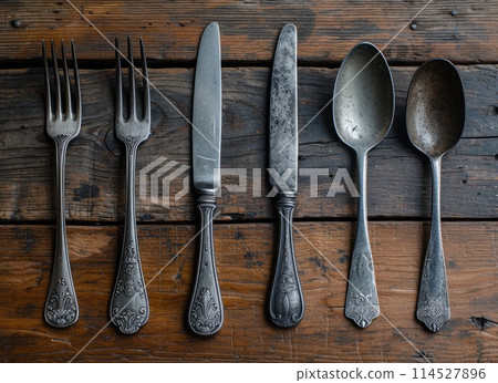 Dining essentials cutlery with a knife, spoon, and fork - stylish, functional, and timeless tools for the culinary enthusiast and modern table settings. Dining essentials cutlery with a knife, spoon, and fork - stylish, functional, and timeless tools for the culinary enthusiast and modern table settings. 114527896