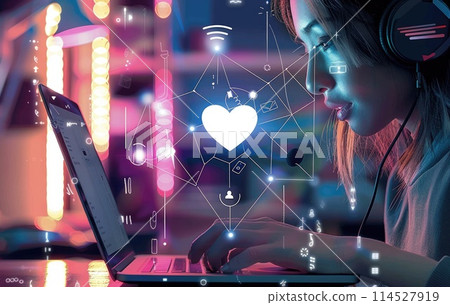 Internet dialogue, digital communication, effective interaction, fostering connections and collaboration in the online realm of ideas, opinions, information exchange. Mobile phone, connection, laptop. 114527919