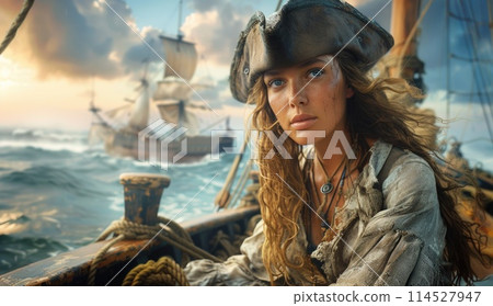 High seas adventure: a daring pirate, captivating piracy, treasure hunt, ship battle, adventure, danger, and the spirit of maritime legends 114527947