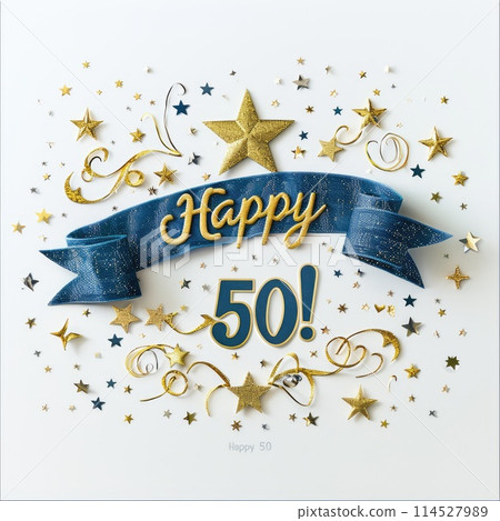 Celebrating 50, happy text in festive font, marking a joyful milestone, perfect for birthday invitations, anniversary announcements, or celebratory designs with a cheerful and vibrant theme 114527989