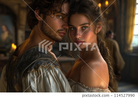 Capturing passion in the renaissance, victorian, and baroque era: a timeless love story portrayed by a couple in vintage attire, embracing the elegance, romance, and nostalgia of historical periods. 114527990