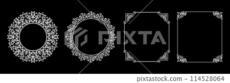 Set of decorative frames Elegant vector element for design in Eastern style, place for text. Floral black and white borders. Lace illustration for invitations and greeting cards. 114528064