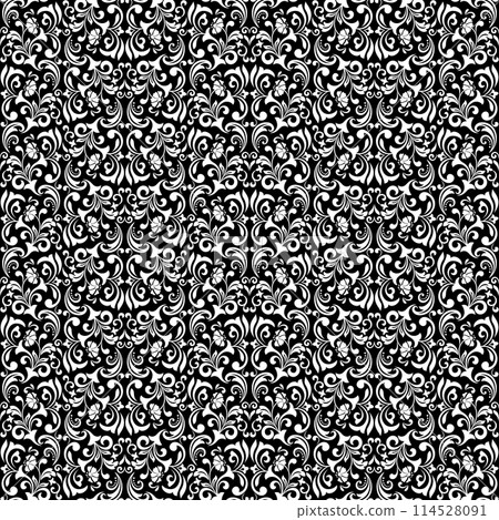Floral pattern. Vintage wallpaper in the Baroque style. Seamless vector background. White and black ornament for fabric, wallpaper, packaging. Ornate Damask flower ornament. Floral pattern. Vintage wallpaper in the Baroque style. Seamless vector background. White and black ornament for fabric, wallpaper, packaging. Ornate Damask flower ornament. 114528091