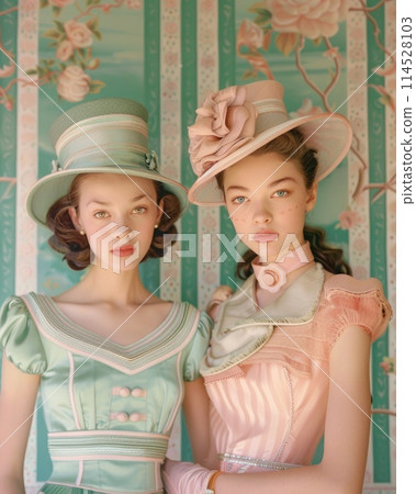 Retro chic: women in hats embracing 1960s fashion, showcasing iconic style and vintage elegance, a nostalgic journey into the glamorous era of classic headwear and timeless trends Retro chic: women in hats embracing 1960s fashion, showcasing iconic style and vintage elegance, a nostalgic journey into the glamorous era of classic headwear and timeless trends 114528103