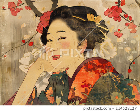 Ukiyo-e style illustration of a woman wearing a kimono 114528127