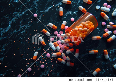 Health essentials: tablets, pills, and medicine providing diverse options for wellness and medical care, pharmaceutical for daily health needs and well-being. 114528131