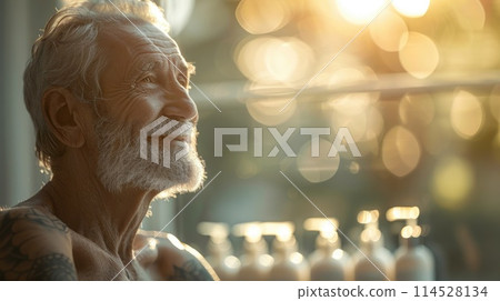 Serene spa indulgence, a glamorous older man luxuriates in a tranquil spa setting, embodying body and facial care, surrounded by health-enhancing lotions and wellness items for ultimate relaxation 114528134