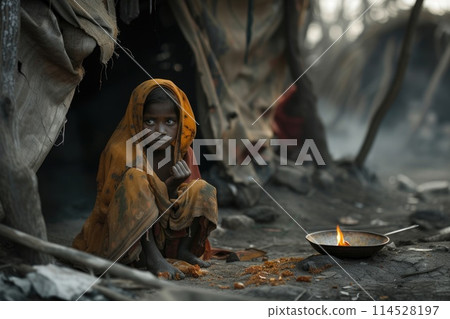 Hunger poverty, the big global social silent problem of mankind, children and adults from filthy slums, Africa, beggar and dirty, in need of help. 114528197