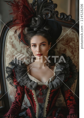 Elegant vintage: woman in baroque renaissance style clothing reminiscent of the victorian era, a timeless portrayal of grace and sophistication in historical fashion 19th century. 114528206