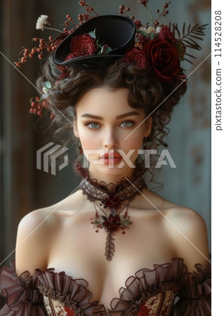 Elegant vintage: woman in baroque renaissance style clothing reminiscent of the victorian era, a timeless portrayal of grace and sophistication in historical fashion 19th century. 114528208