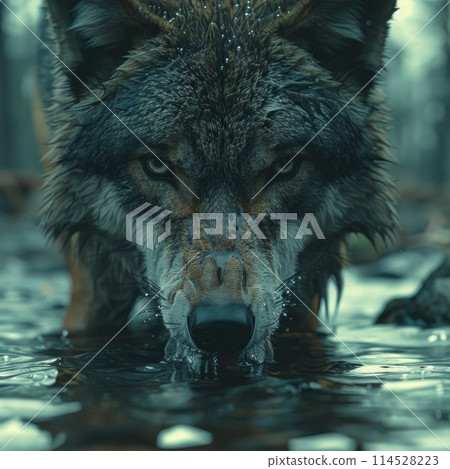 Majestic predator: wolf, a symbol of wilderness and strength, embodies grace and power in its natural habitat, capturing the essence of untamed beauty and primal instincts. 114528223