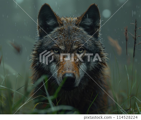 Majestic predator: wolf, a symbol of wilderness and strength, embodies grace and power in its natural habitat, capturing the essence of untamed beauty and primal instincts. 114528224