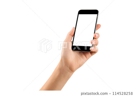 Female hand holding black cellphone with white screen at isolated background. Female hand holding black cellphone with white screen at isolated background. 114528258
