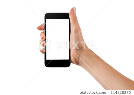 Female hand holding black cellphone with white screen at isolated background. 114528270