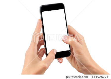 Female hand holding black cellphone with white screen at isolated background. 114528271