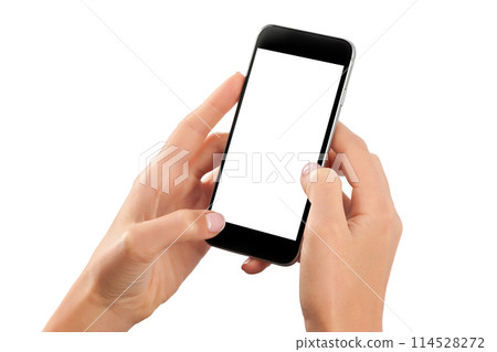 Female hand holding black cellphone with white screen at isolated background. 114528272